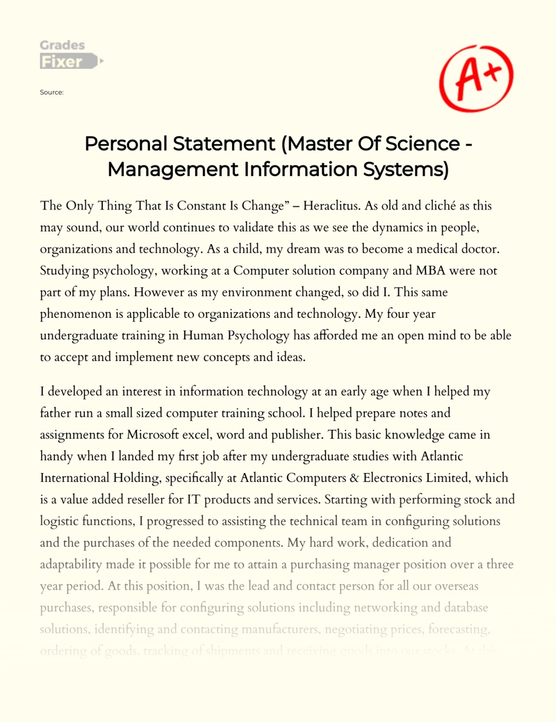 Personal Statement (master of Science - Management Information Systems) essay