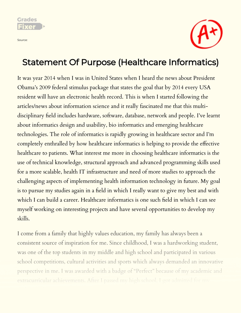 Statement of Purpose (healthcare Informatics) Essay