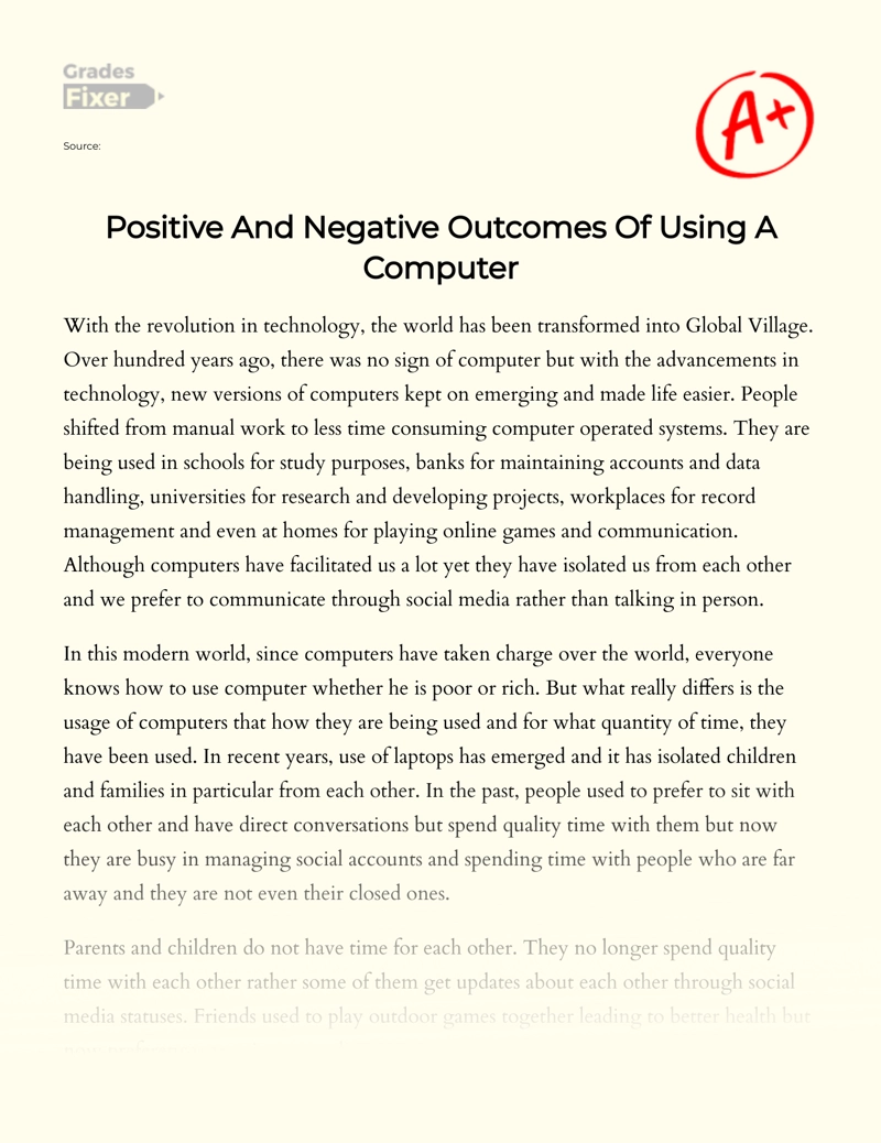 Positive and Negative Outcomes of Using a Computer essay