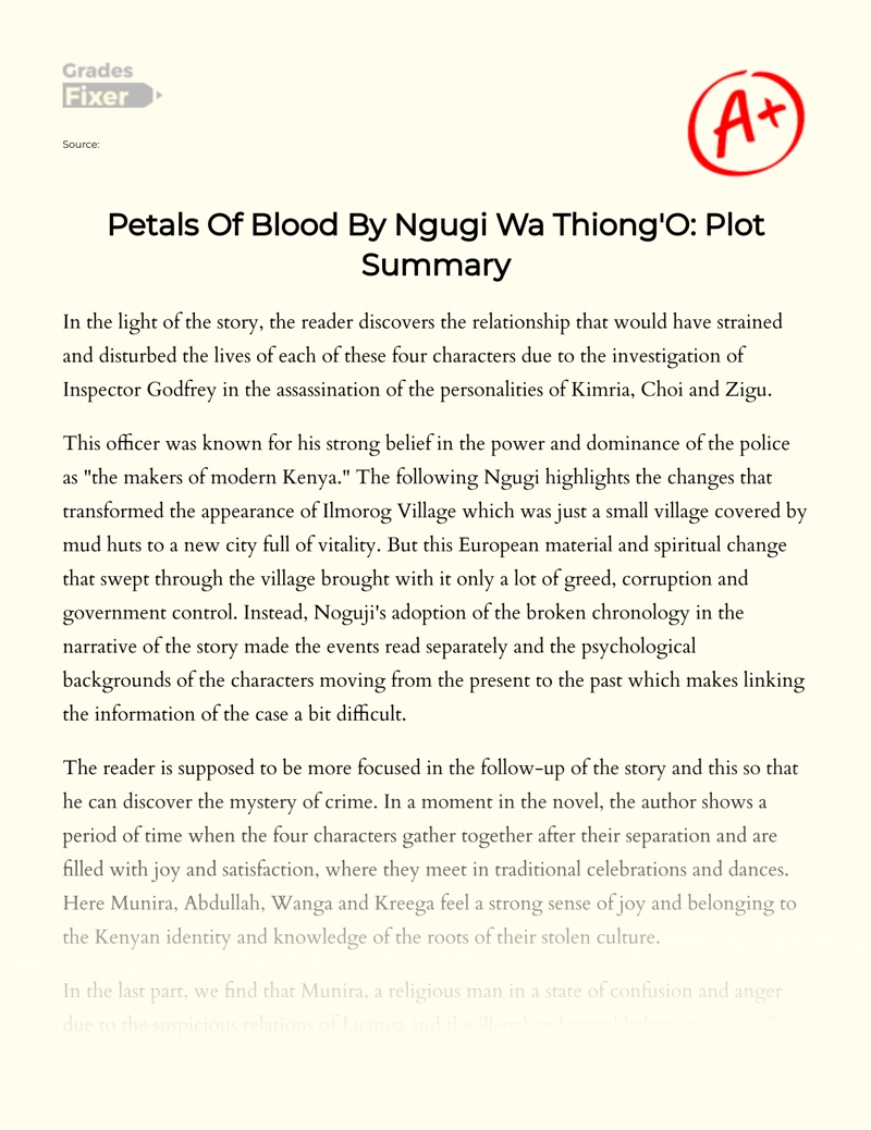 Petals of Blood by Ngugi Wa Thiong'o: Plot Summary essay