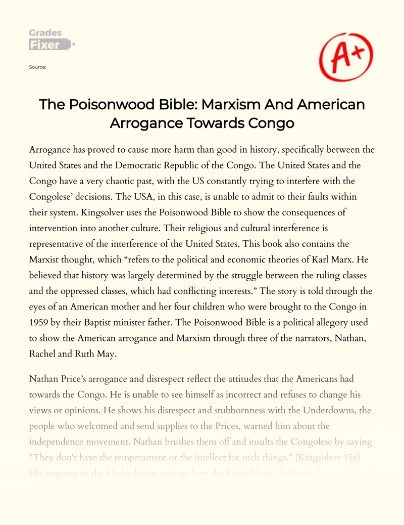 The Poisonwood Bible: Marxism and American Arrogance Towards Congo Essay