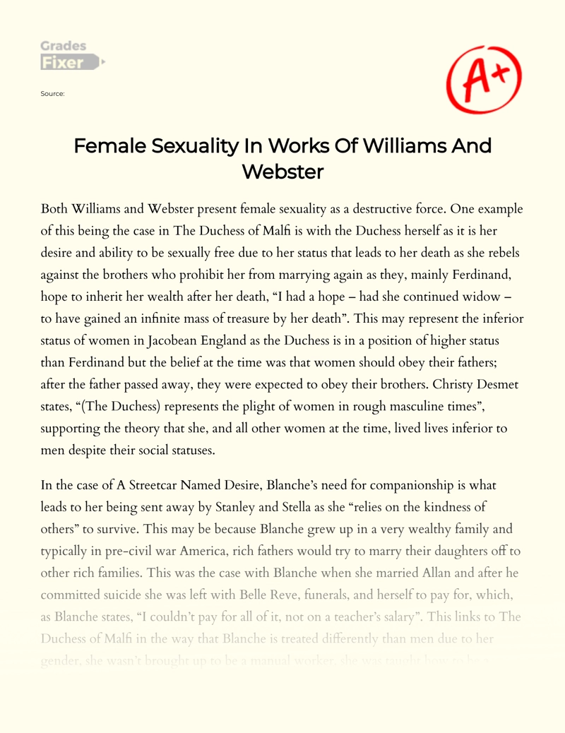 Female Sexuality in Works of Williams and Webster Essay