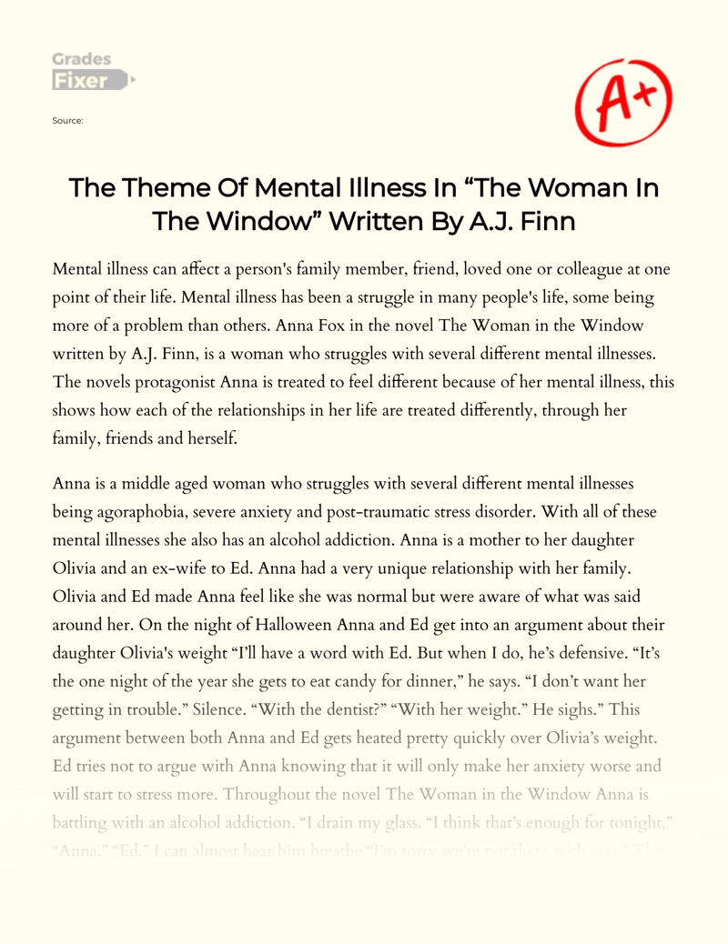 The Theme of Mental Illness in "The Woman in The Window" Written by A.j. Finn Essay