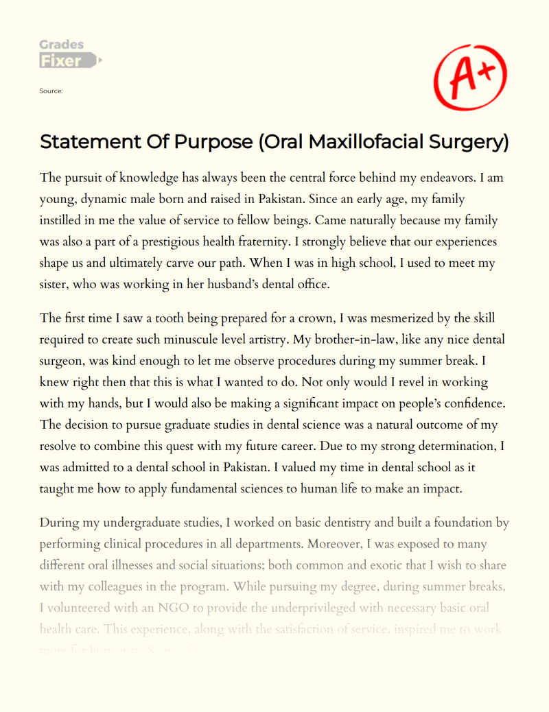 Statement of Purpose (oral Maxillofacial Surgery) Essay