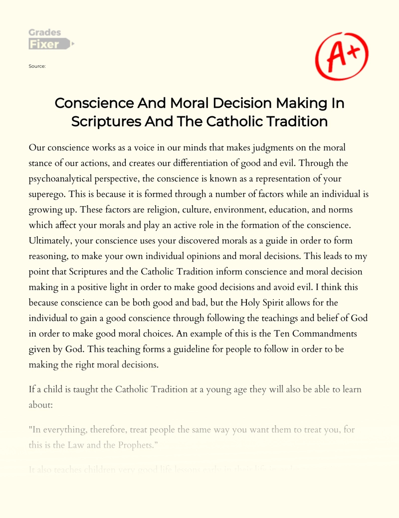 Conscience and Moral Decision Making in Scriptures and The Catholic Tradition Essay