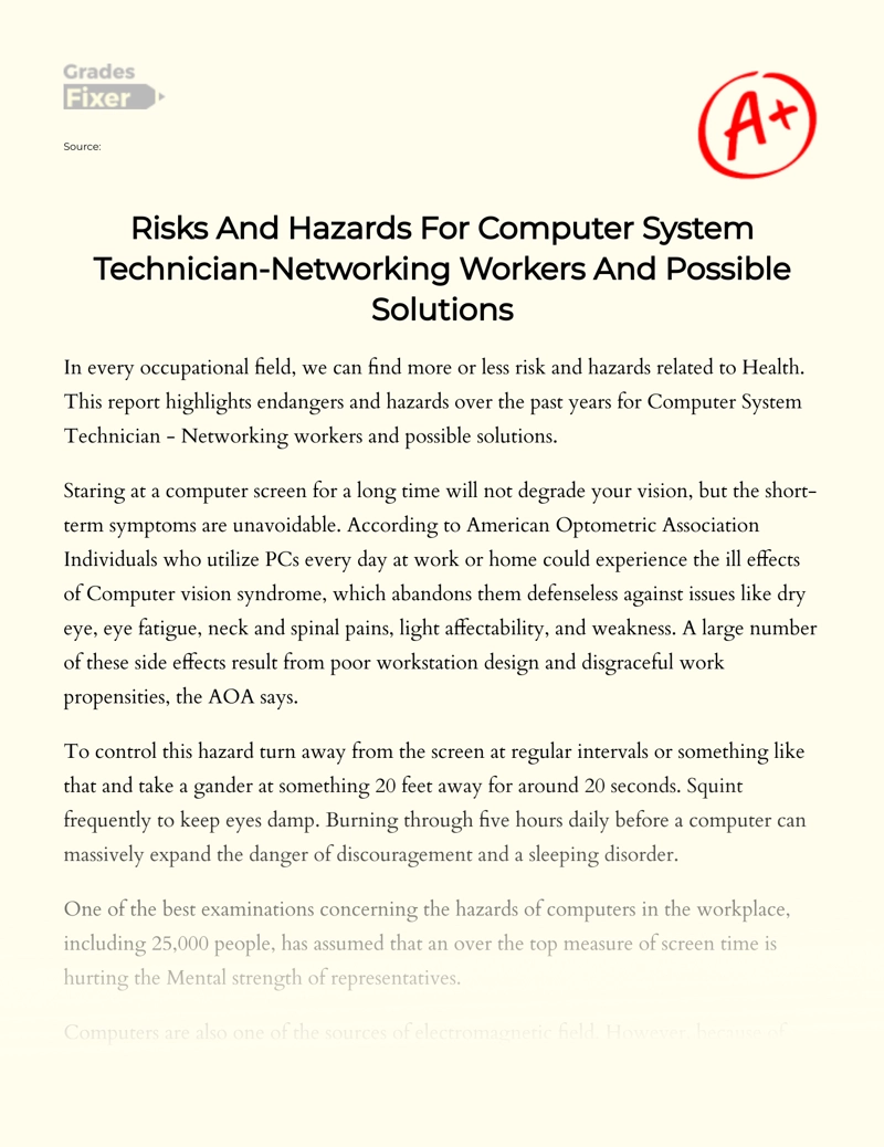 Risks and Hazards for Computer System Technician-networking Workers and Possible Solutions Essay