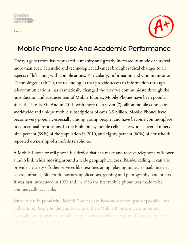 Mobile Phone Use and Academic Performance Essay