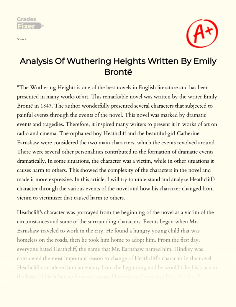 Analysis of Wuthering Heights Written by Emily Brontë Essay