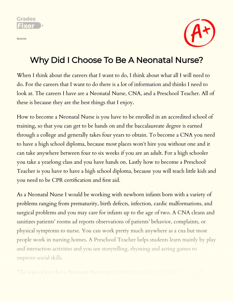 My Motivation To Choose To Be A Neonatal Nurse: [Essay Example], 914 Words  Gradesfixer