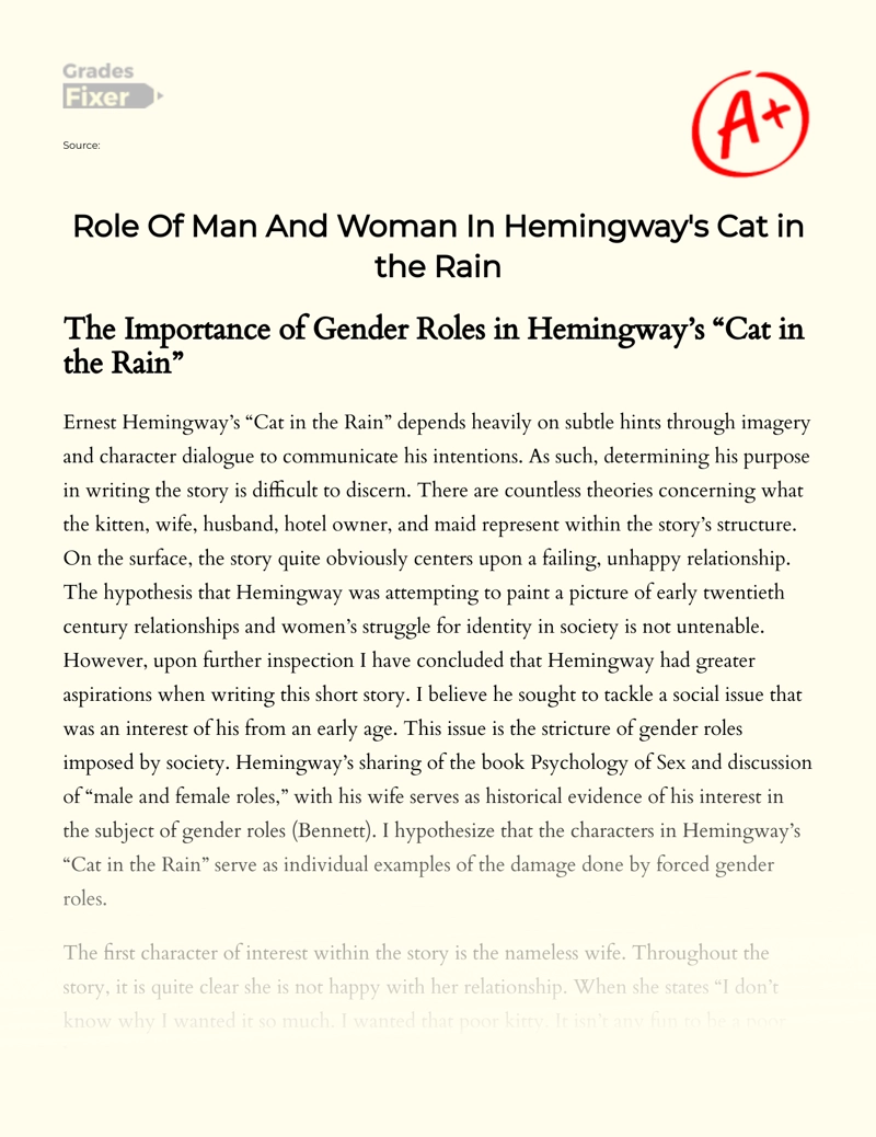 Role of Man and Woman in Hemingway's Cat in The Rain Essay