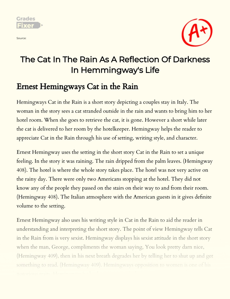 The Cat in The Rain as a Reflection of Darkness in Hemmingway's Life Essay