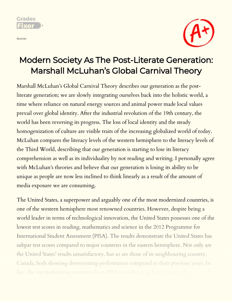 Modern Society as The Post-literate Generation: Marshall Mcluhan’s Global Carnival Theory essay