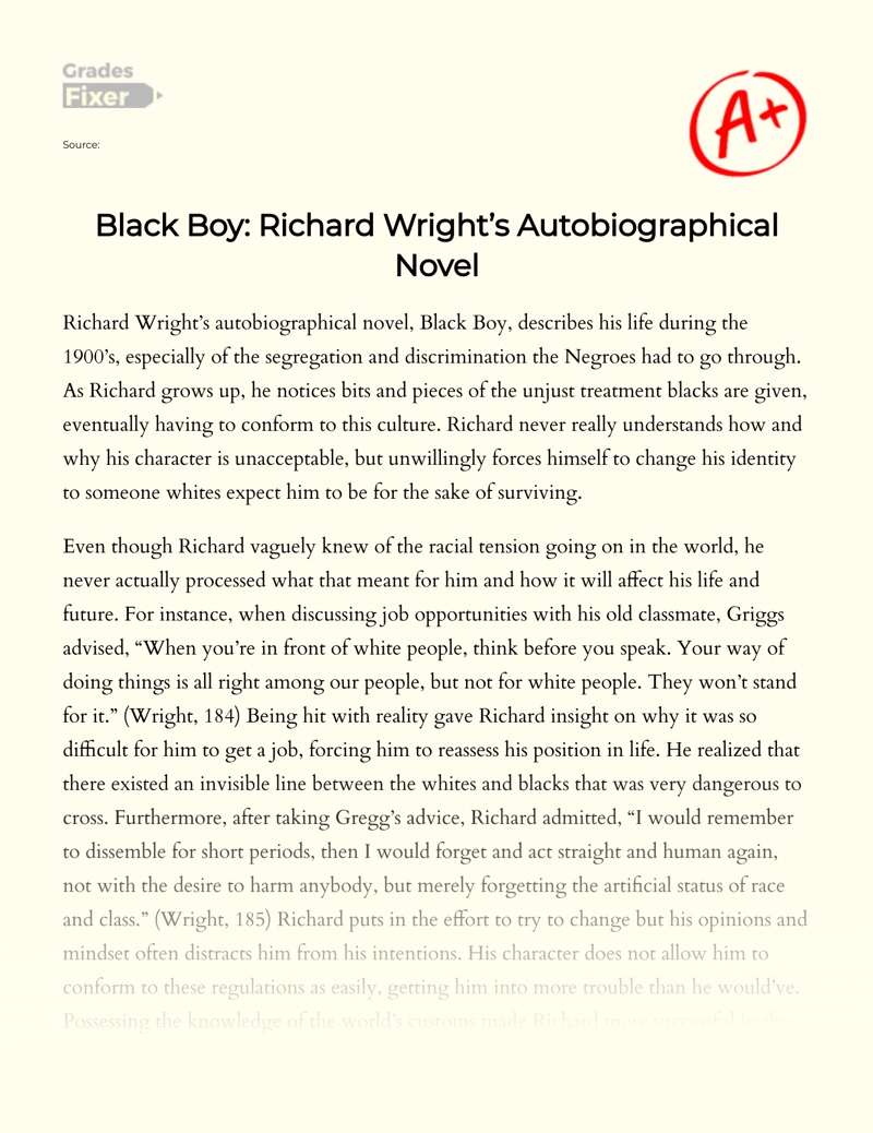 Black Boy: Richard Wright’s Autobiographical Novel Essay