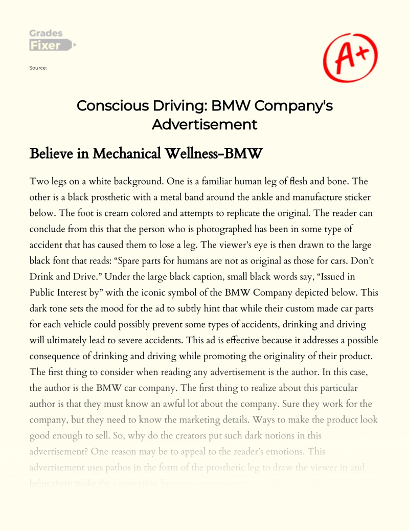 Bmw Company's Advertisement About Conscious Driving Essay