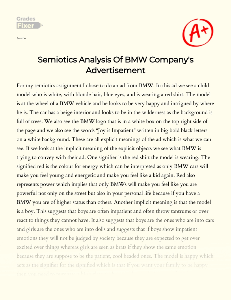 Semiotics Analysis of Bmw Company's Advertisement Essay