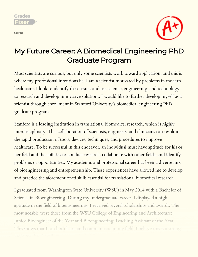 My Future Career: a Biomedical Engineering Phd Graduate Program Essay
