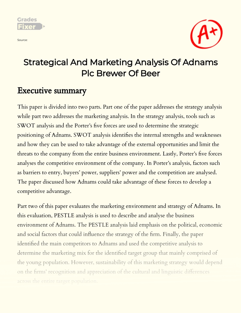 Strategic and Marketing Analysis of Adnams Plc Brewer of Beer Essay