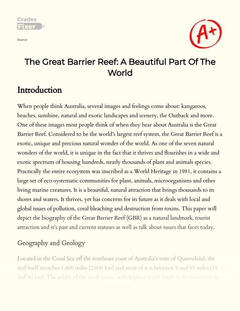 The Great Barrier Reef: a Beautiful Part of The World Essay