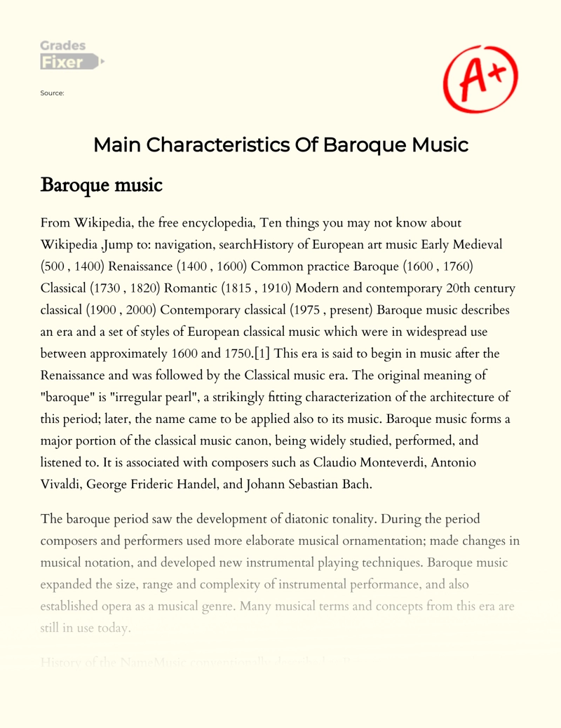 Main Characteristics of Baroque Music Essay