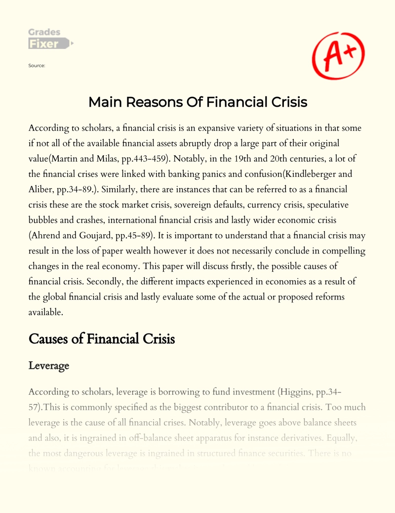 Main Reasons of Financial Crisis essay