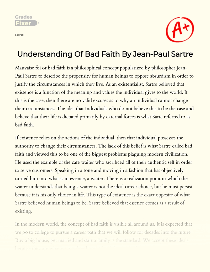 Understanding of Bad Faith by Jean-paul Sartre essay