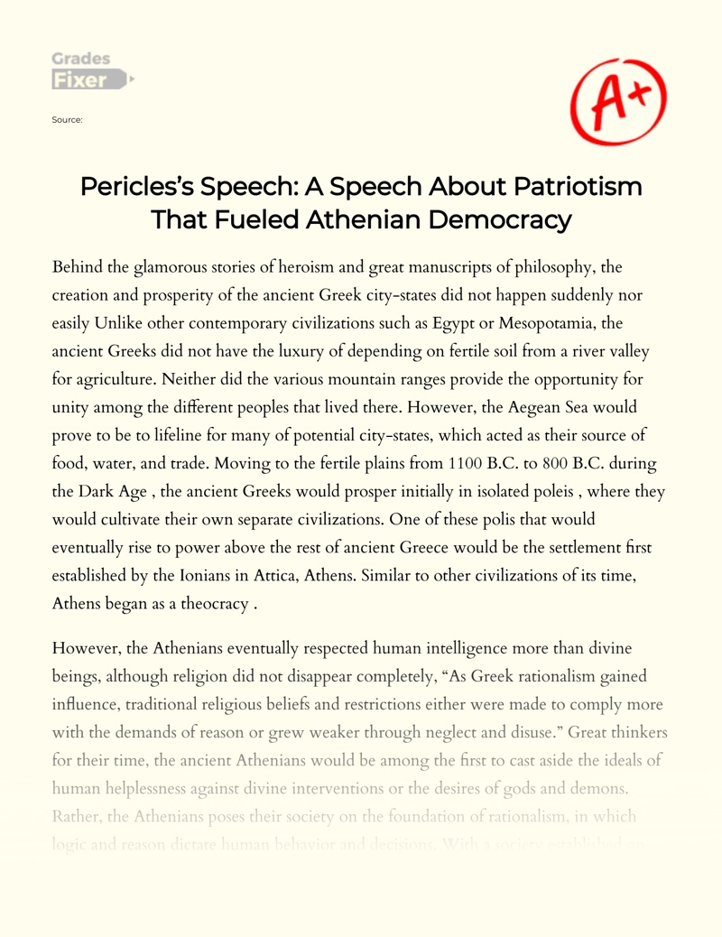 Pericles’s Speech: a Speech About Patriotism that Fueled Athenian Democracy Essay