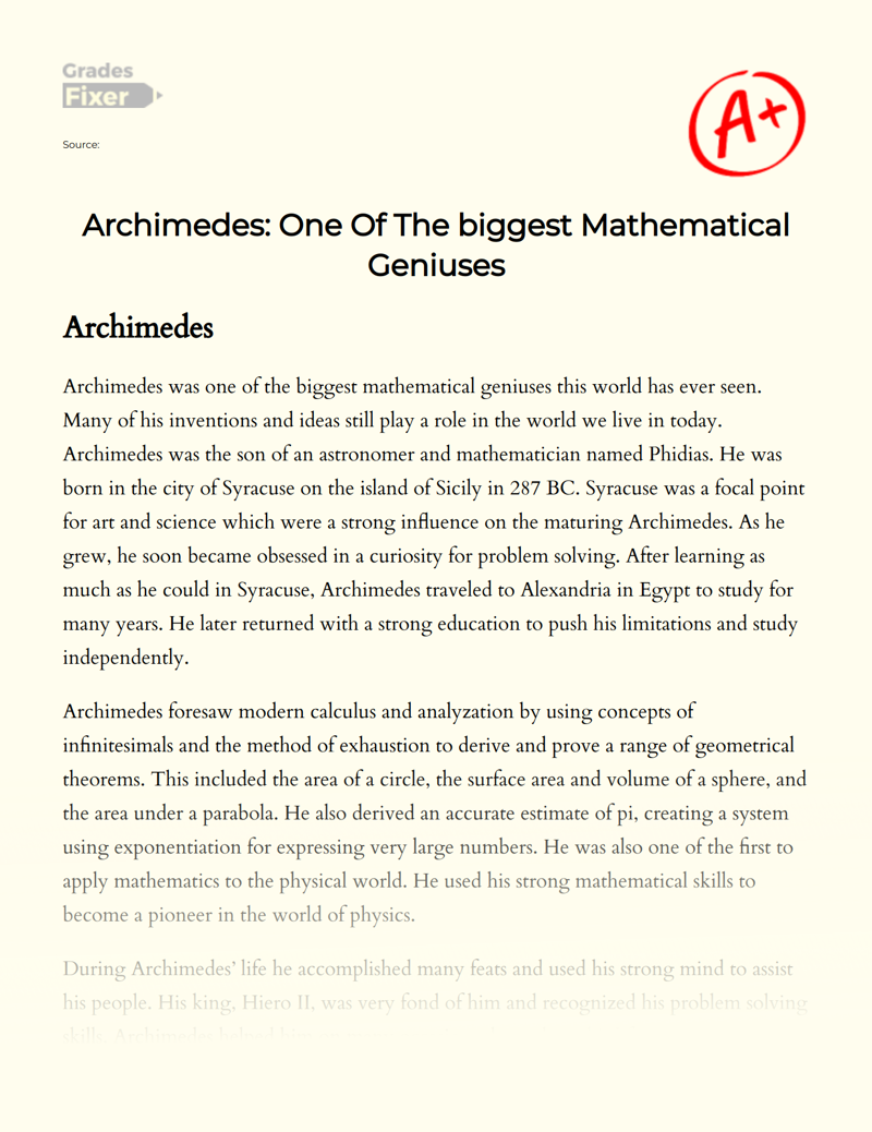 Archimedes: One of The Biggest Mathematical Geniuses Essay
