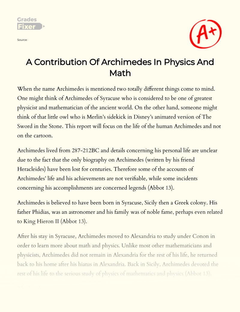 A Contribution of Archimedes in Physics and Math essay