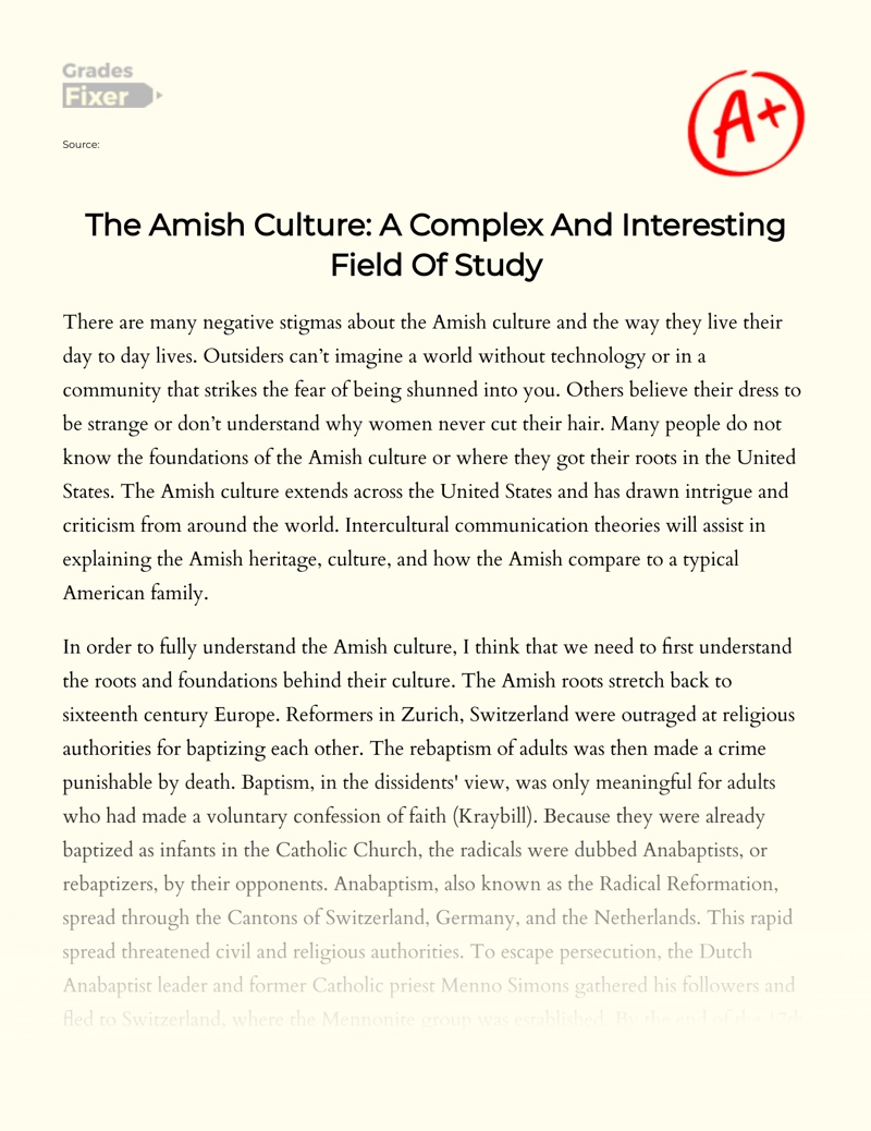 The Amish Culture: a Complex and Interesting Field of Study Essay