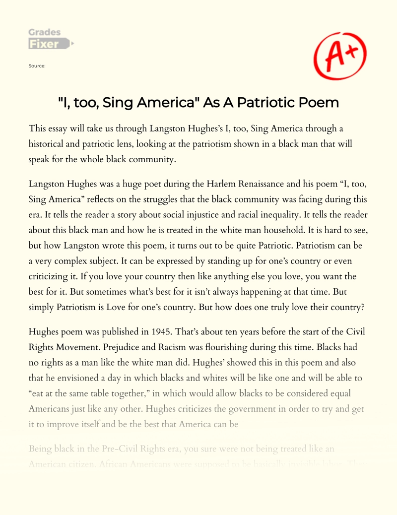 "I, Too, Sing America" as a Patriotic Poem Essay