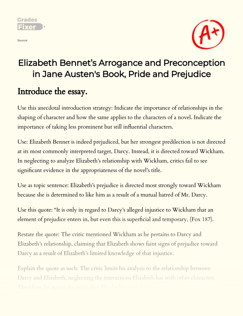 Elizabeth Bennet’s Arrogance and Preconception in Jane Austen's Book, Pride and Prejudice Essay