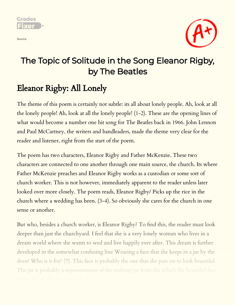 The Topic of Solitude in The Song Eleanor Rigby, by The Beatles Essay