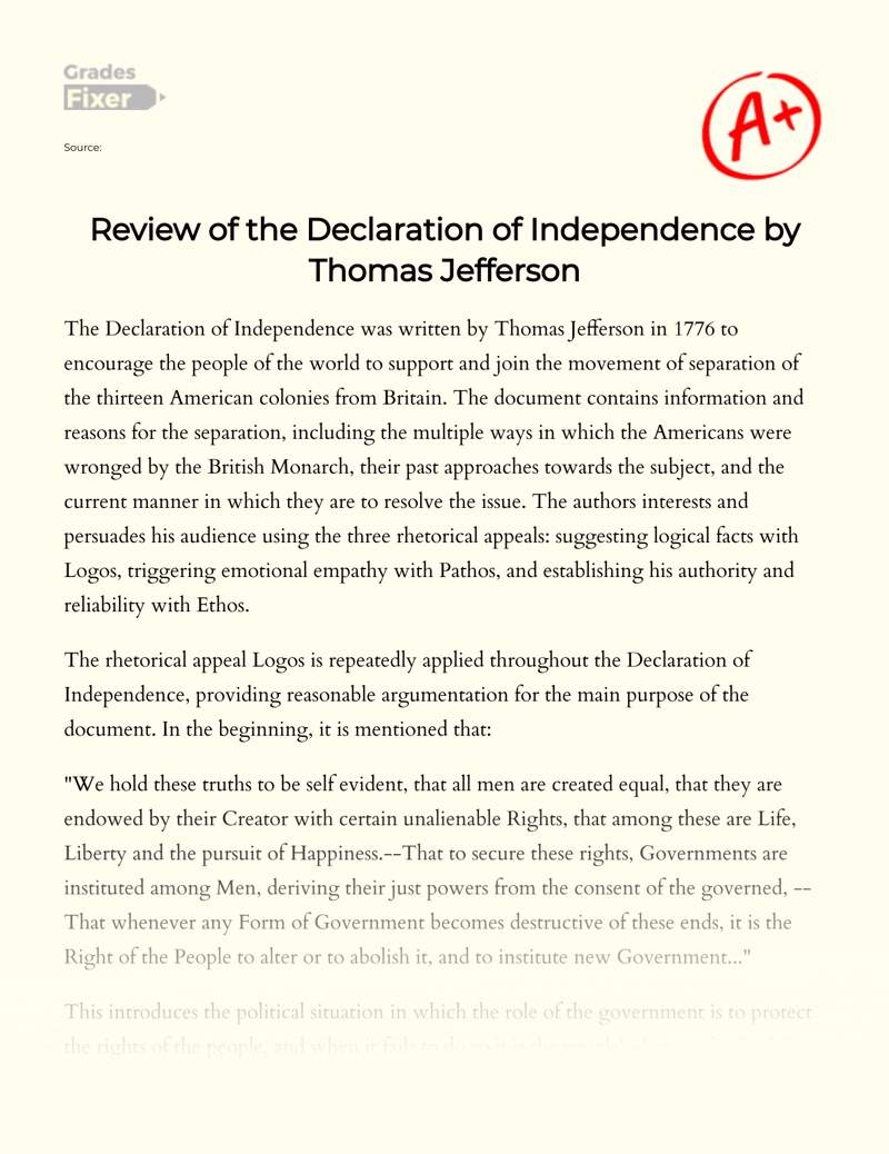 Review of The Declaration of Independence by Thomas Jefferson Essay