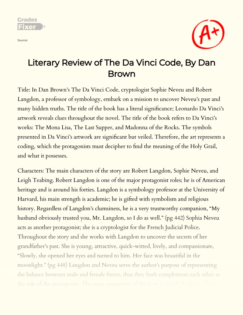 Literary Review of The Da Vinci Code, by Dan Brown essay