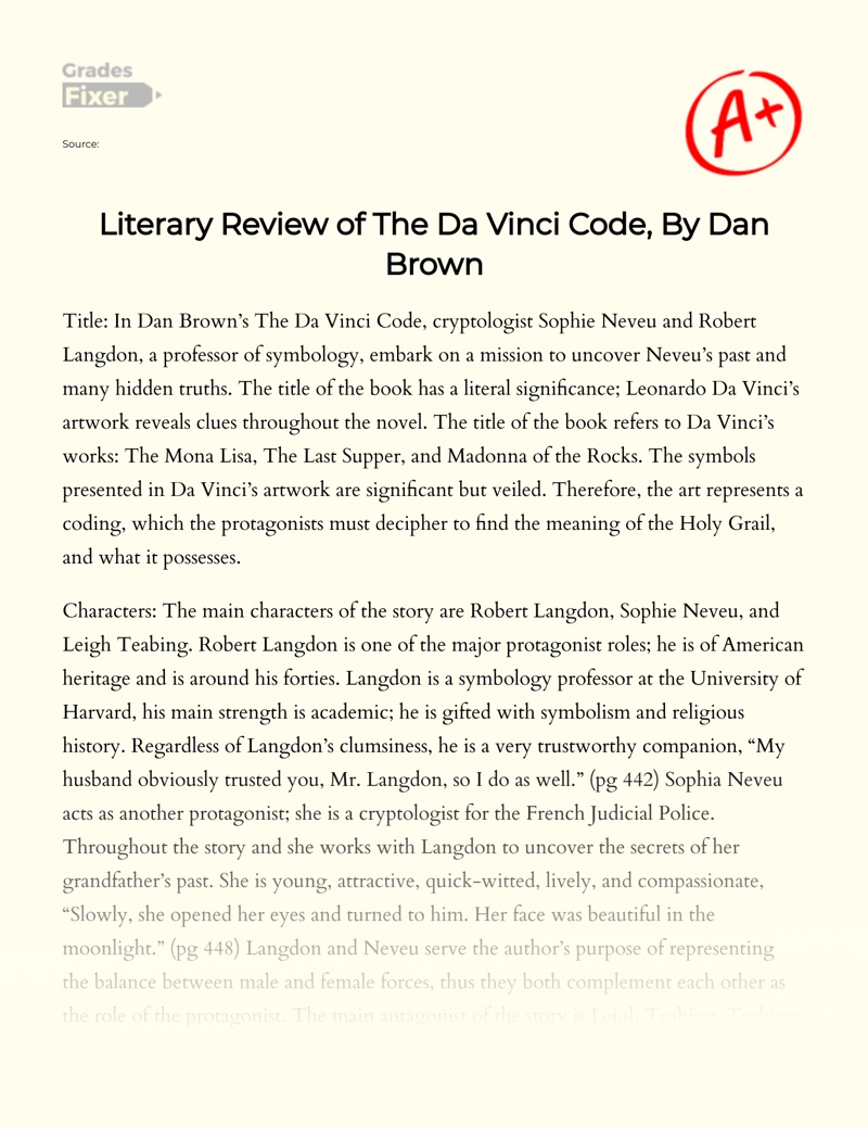 Literary Review of The Da Vinci Code, by Dan Brown Essay