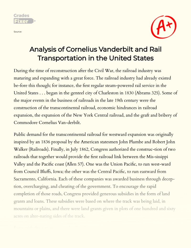 Analysis of Cornelius Vanderbilt and Rail Transportation in The United States Essay