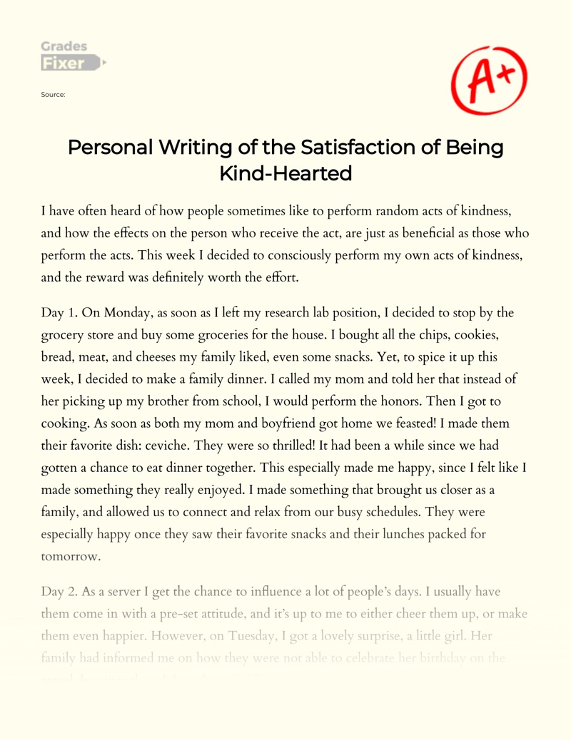 Personal Writing of The Satisfaction of Being Kind-hearted Essay