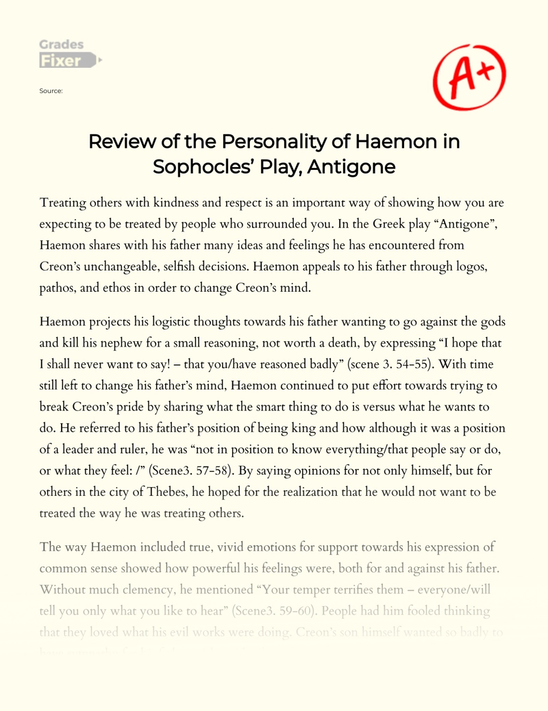 Review of The Personality of Haemon in Sophocles’ Play, Antigone Essay