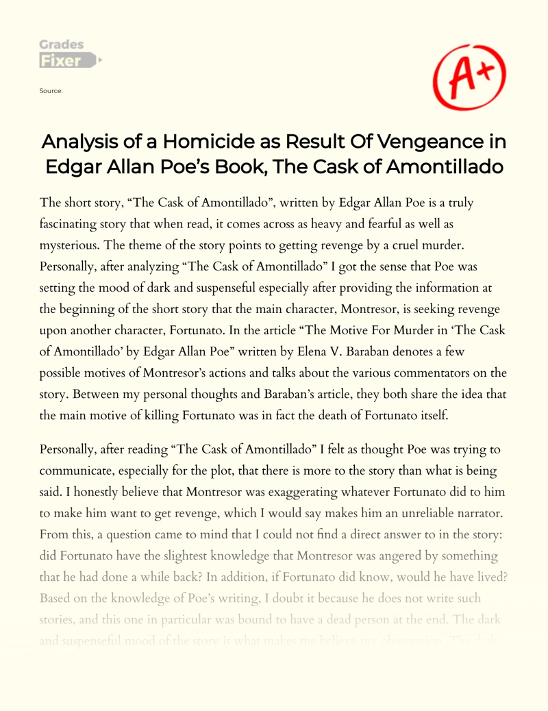 Analysis of Homicide as a Result of Vengeance in Edgar Allan Poe's Book The Cask of Amontillado Essay