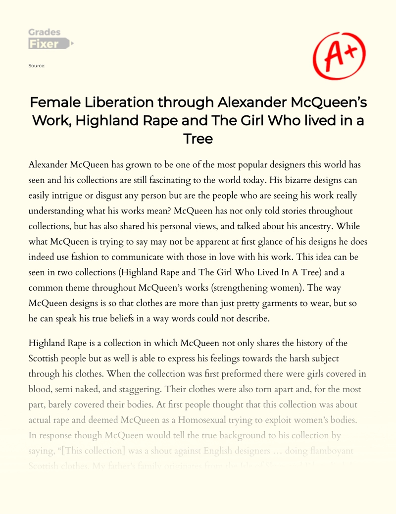 Female Liberation Through Alexander Mcqueen’s Work, Highland Rape and The Girl Who Lived in a Tree Essay