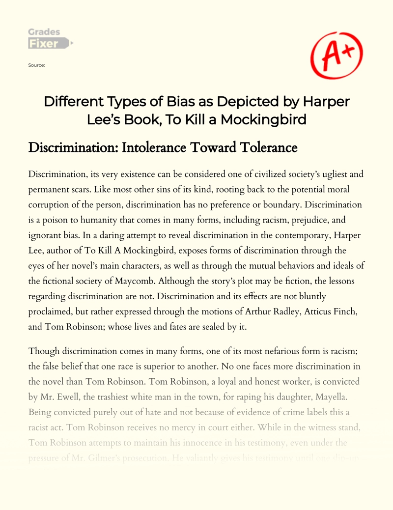 Different Types of Bias as Depicted by Harper Lee’s Book, to Kill a Mockingbird Essay