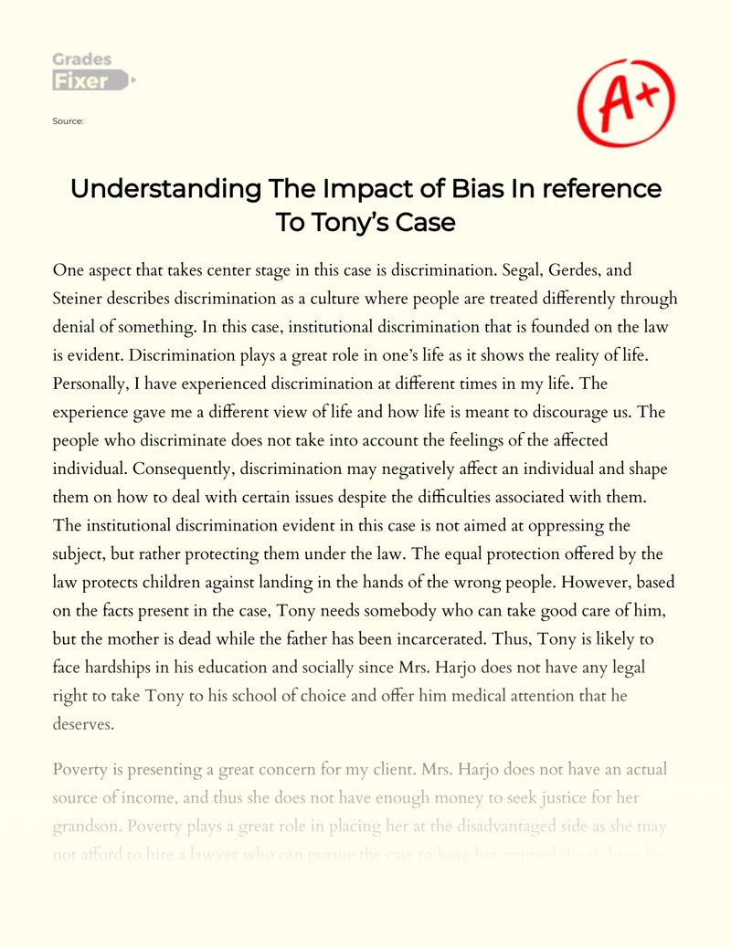 Understanding The Impact of Bias in Reference to Tony’s Case Essay
