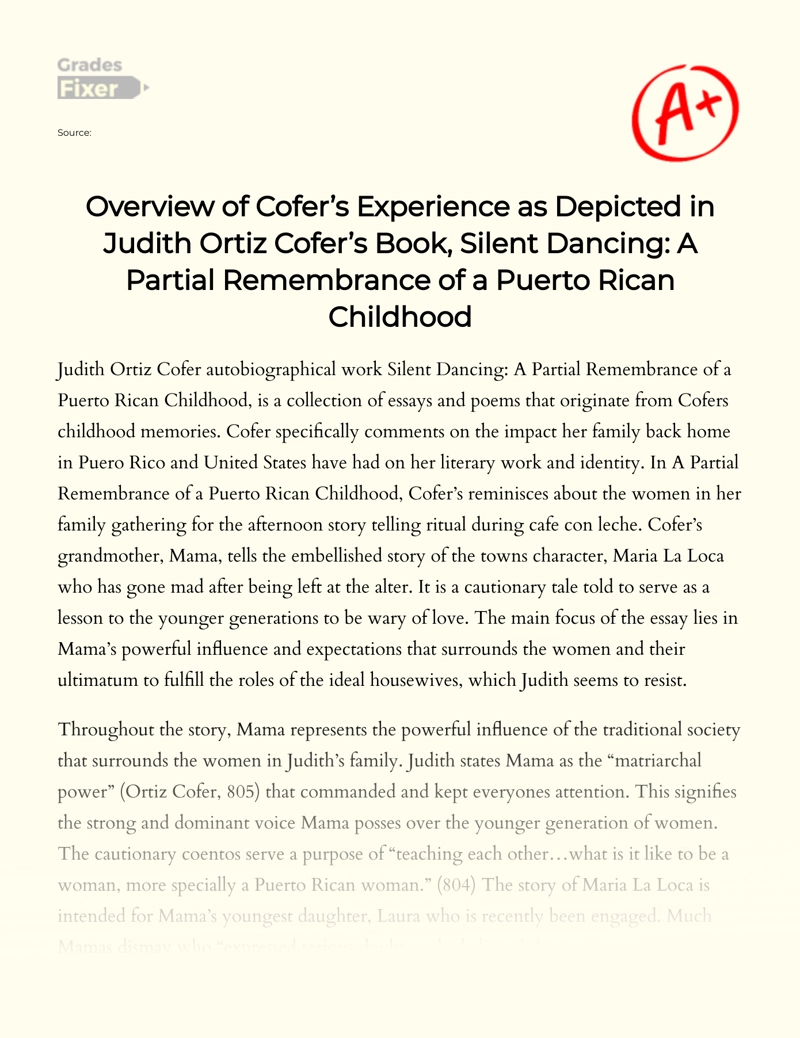 Overview of Cofer’s Experience as Depicted in Judith Ortiz Cofer’s Book Essay