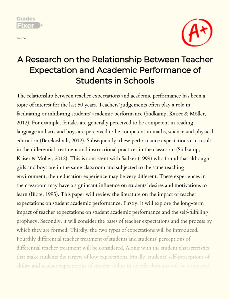 A Research on The Relationship Between Teacher Expectation and Academic Performance of Students in Schools Essay