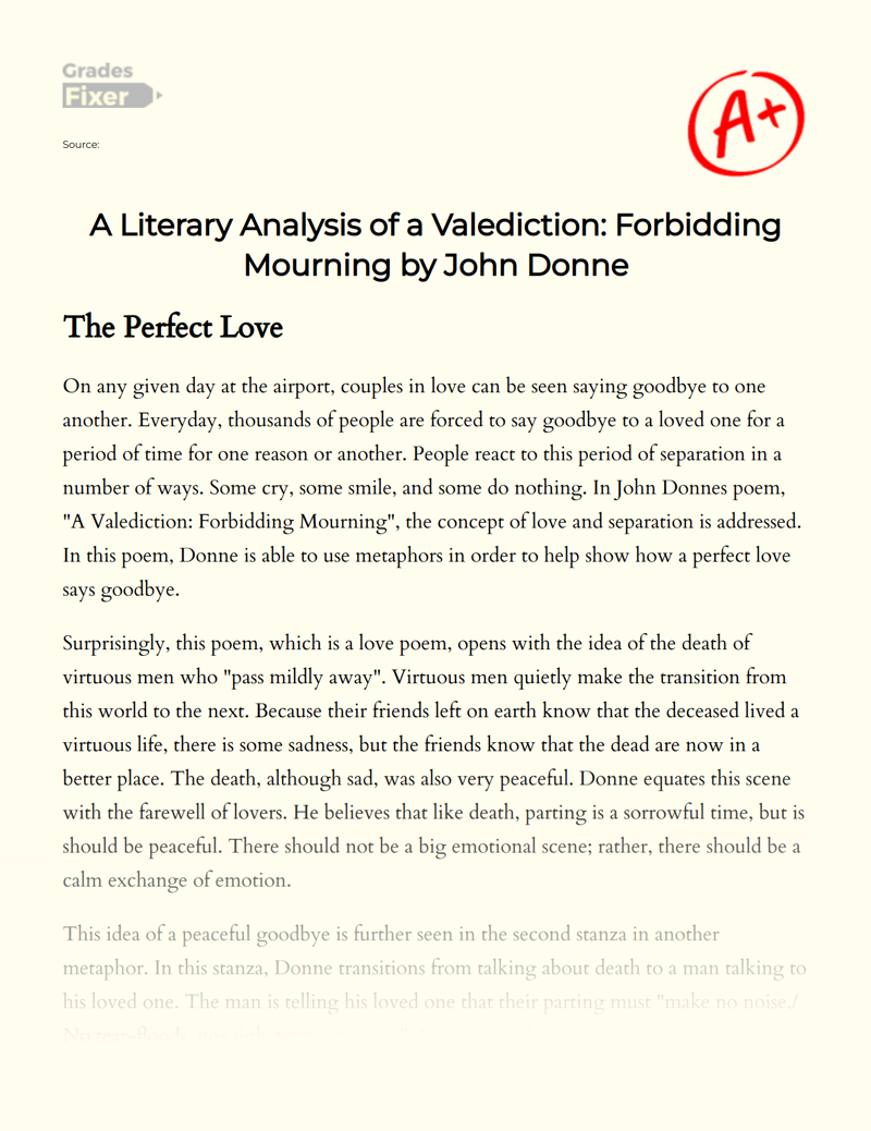 A Literary Analysis of a Valediction: Forbidding Mourning by John Donne essay