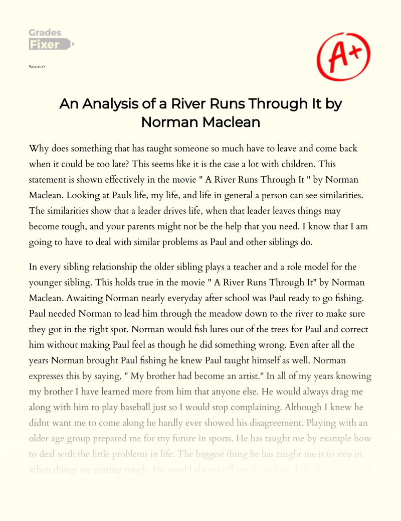 An Analysis of a River Runs Through It by Norman Maclean Essay