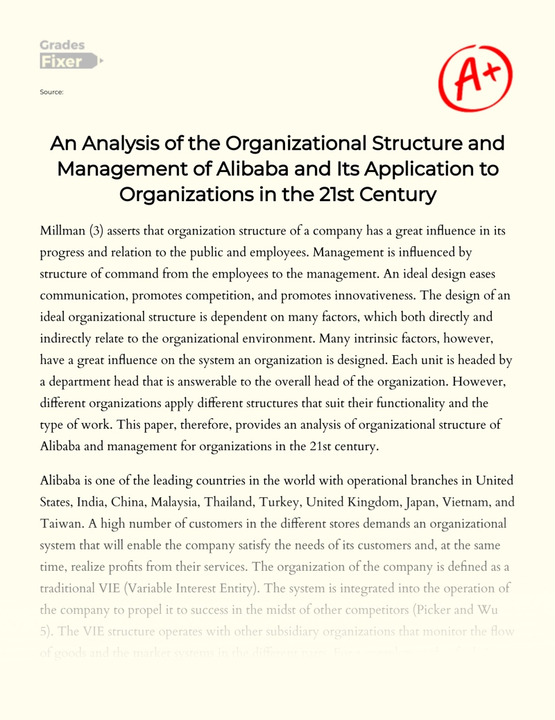 An Analysis of The Organizational Structure and Management of Alibaba and Its Application to Organizations in The 21st Century Essay