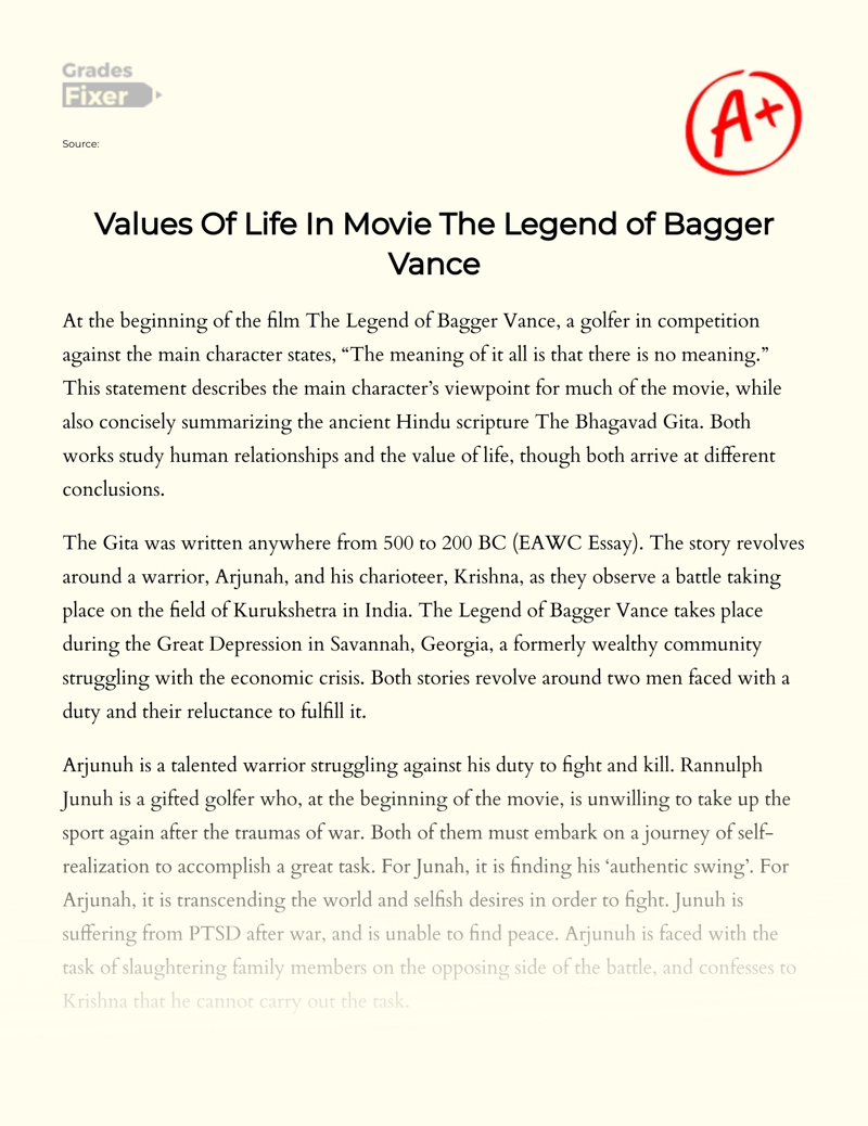 Values of Life in Movie The Legend of Bagger Vance Essay