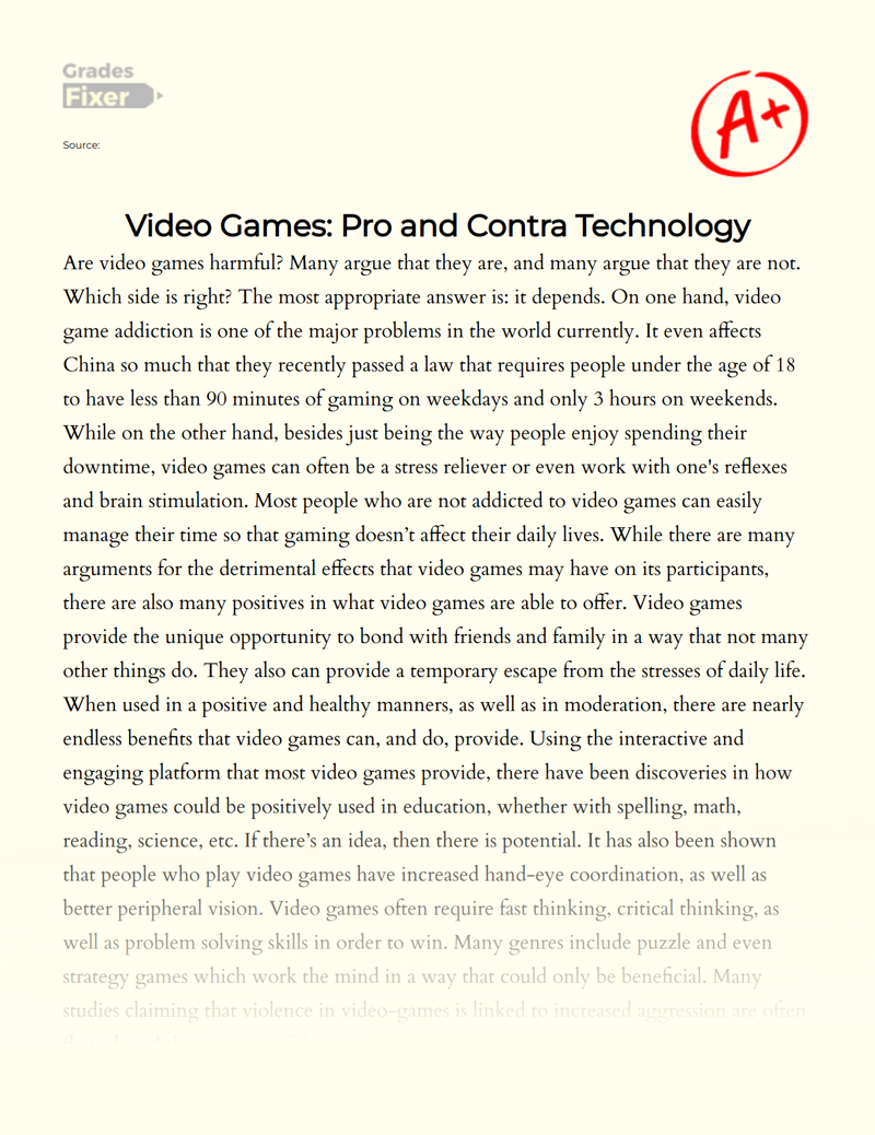 Effects of Online Gaming Free Essay Example