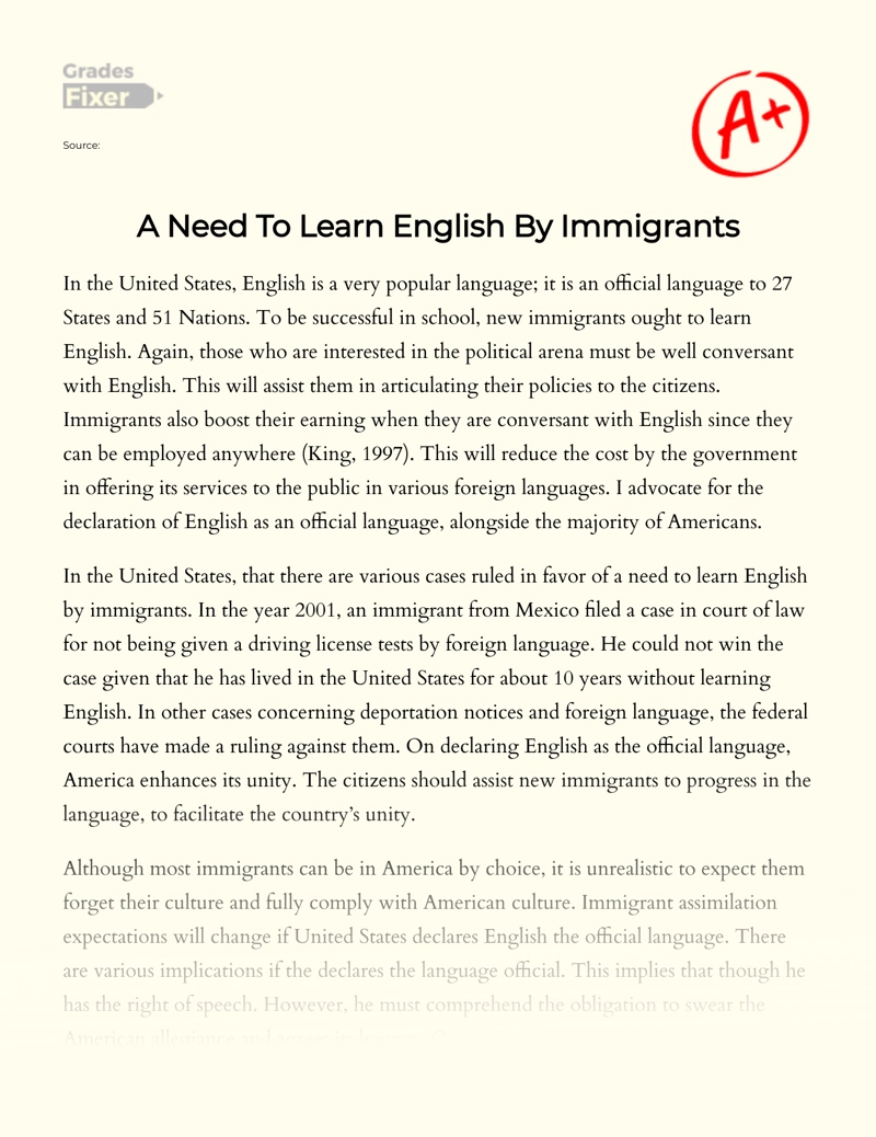 A Need to Learn English by Immigrants Essay